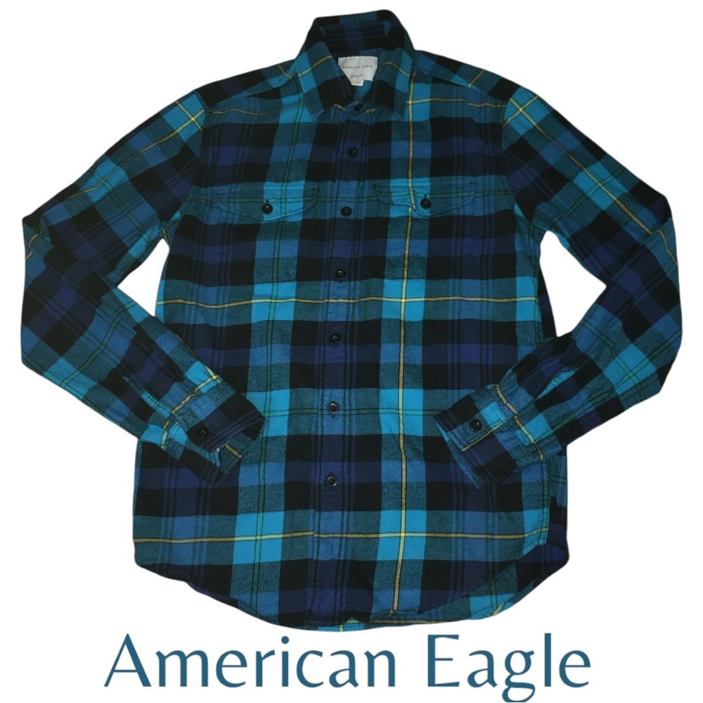 American Eagle Flannel Plaid Turquoise Blue Button Down Shirt - Men’s XS